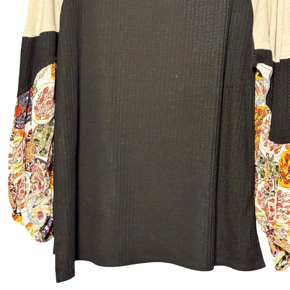 Umgee Oversized Waffle Knit Ballon Sleeve Mixed Media Bohemian Blouse Top - Picture 8 of 10